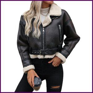 Faux Lamb Fur Leather Jacket Warm Fleece Lined Cropped Bomber Aviator Coat
